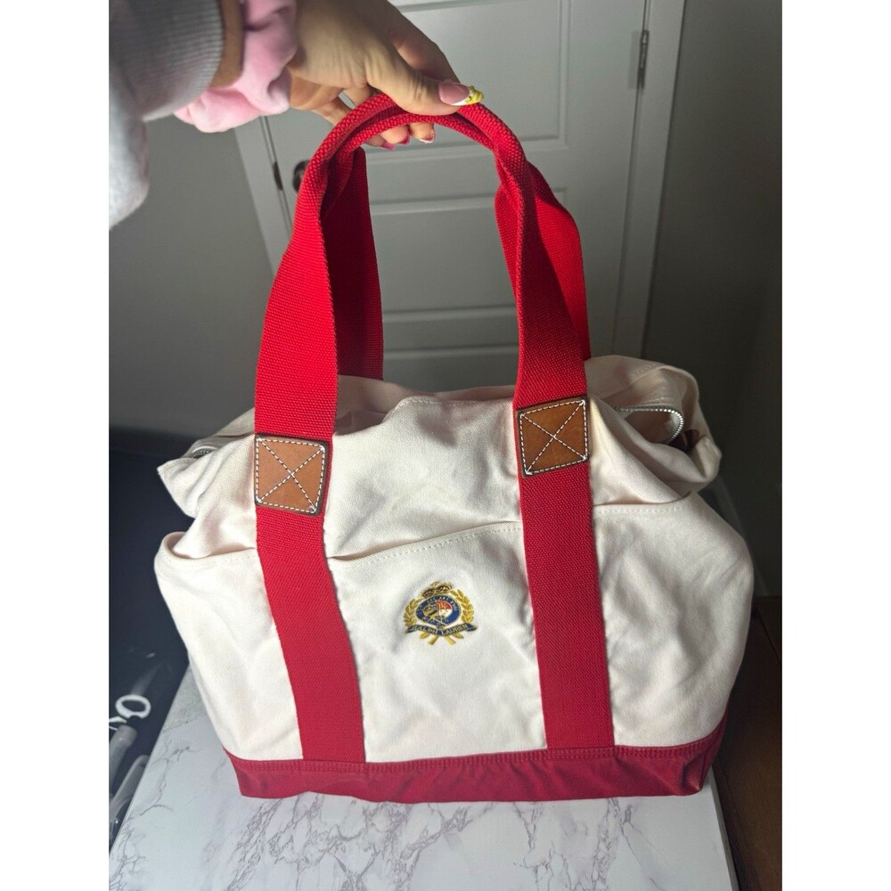 Ralph Lauren Cream/Red Tote Bag Zip Top Double Handles Inner Pockets Silver